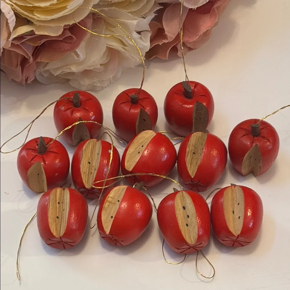 Apple Ornaments Tiny Wood Apples Set of 12 red Wooden Apples Vintage